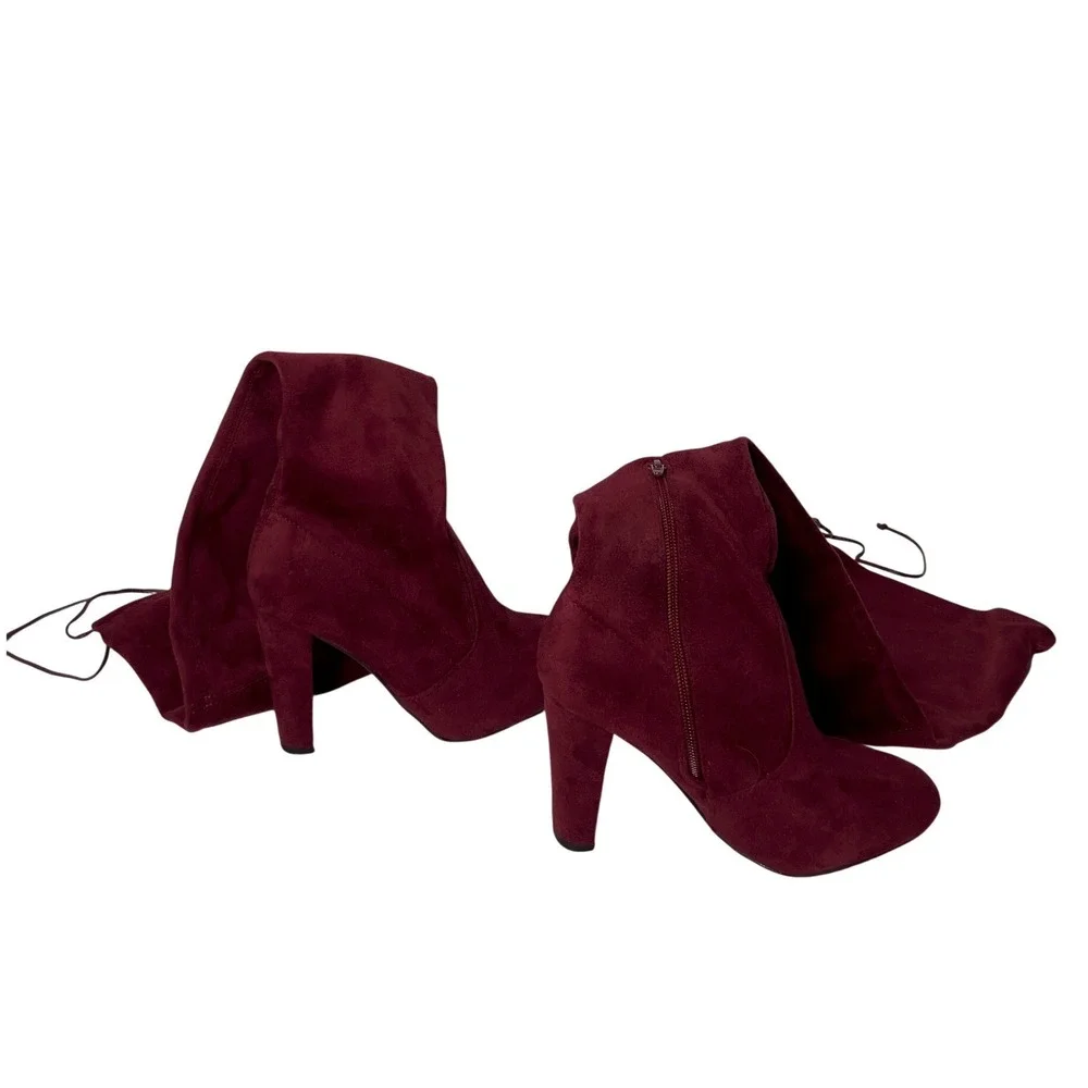 Burgundy Faux Suede Over‎ The Knee Block Heel Boots Pointed Toe Wine Red Size 7